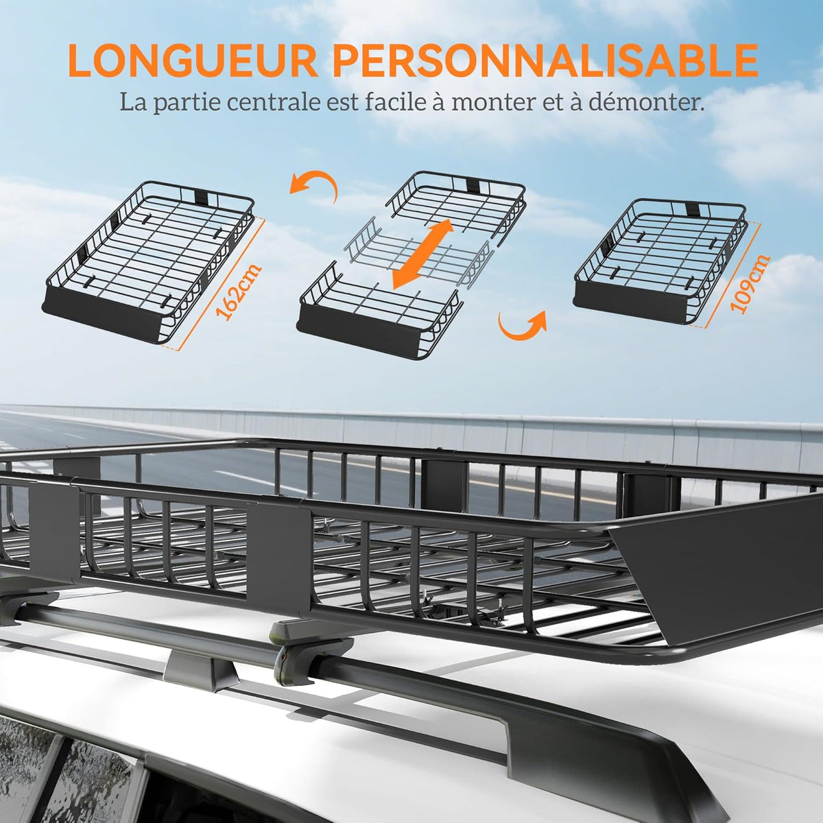 HOMCOM Portaequipajes para coche, baca de techo ajustable en longitud de 109 a 162 cm, carga máx. 100 kg