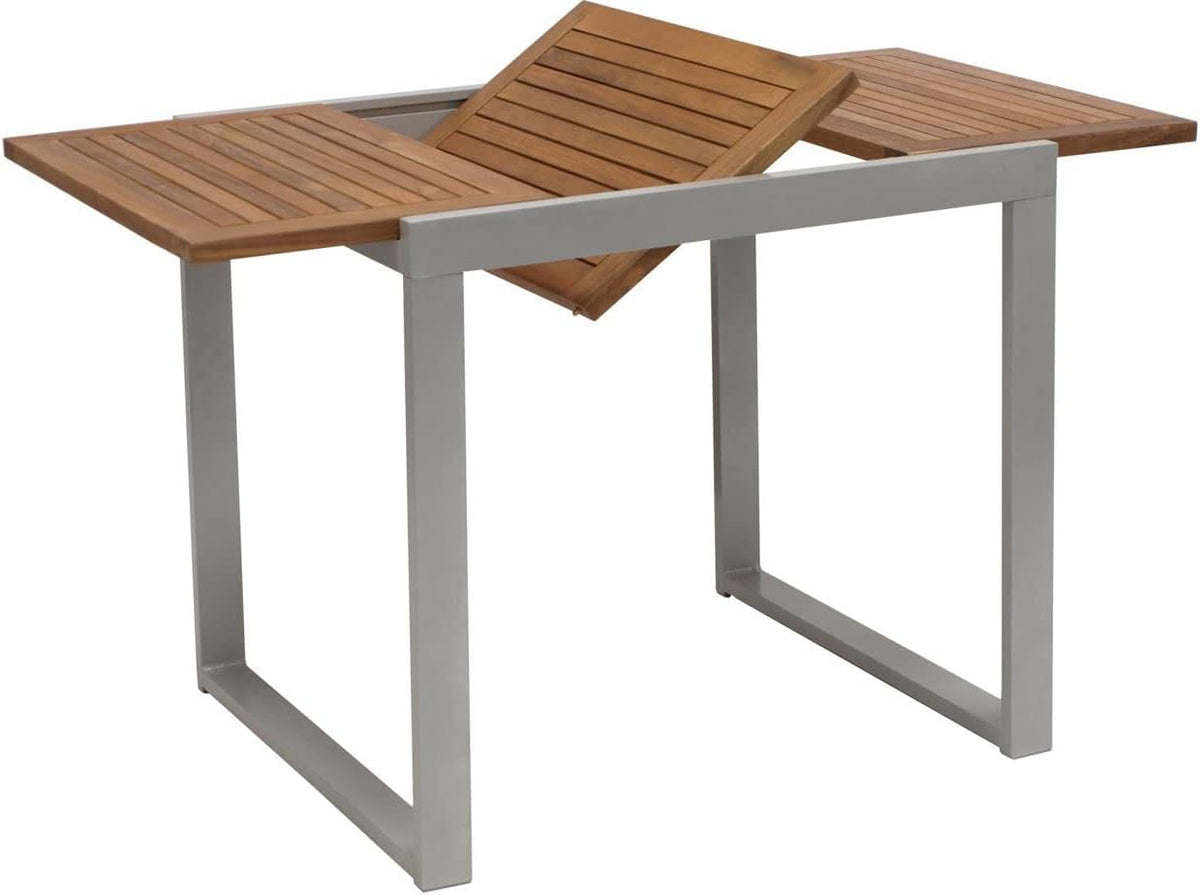 Mesa extensible de balcón Naxos 80/120x70 cm, aluminio gris plateado + acacia aceitada marrón, resistente a la intemperie