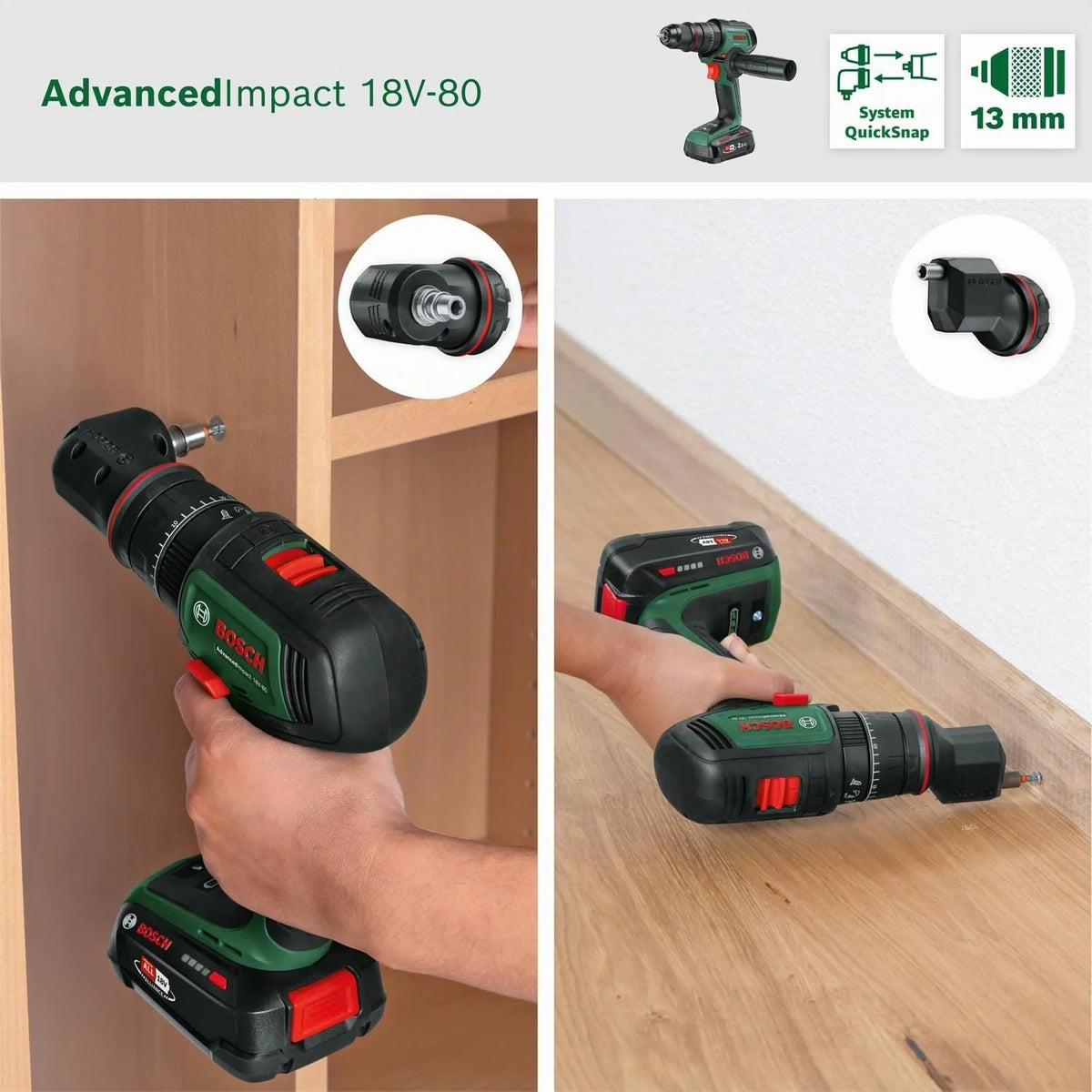 Bosch akumulatorowa udarowa wiertarko-wkrętarka AdvancedImpact 18V-80 QuickSnap (system 18V, silnik bezszczotkowy, 82 Nm, uchwyt wiertarski 13 mm, rękojeść dodatkowa, bez akumulatora)