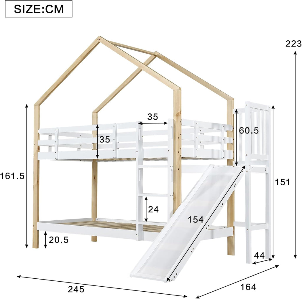 Litera Ball & Cast (90x200cm) con barandilla alta, estructura de madera con tobogán + escalera, estable y silenciosa, blanco + natural