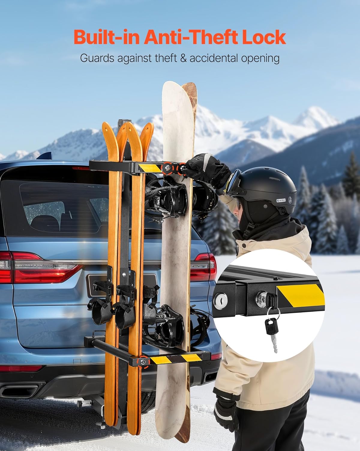 Portaesquís de remolque plegable VEVOR, compatible con receptor de 5 cm, soporte ajustable para tablas de snowboard, capacidad para 6 pares de esquís o 4 tablas, con cerradura, correa de seguridad, acceso inclinable