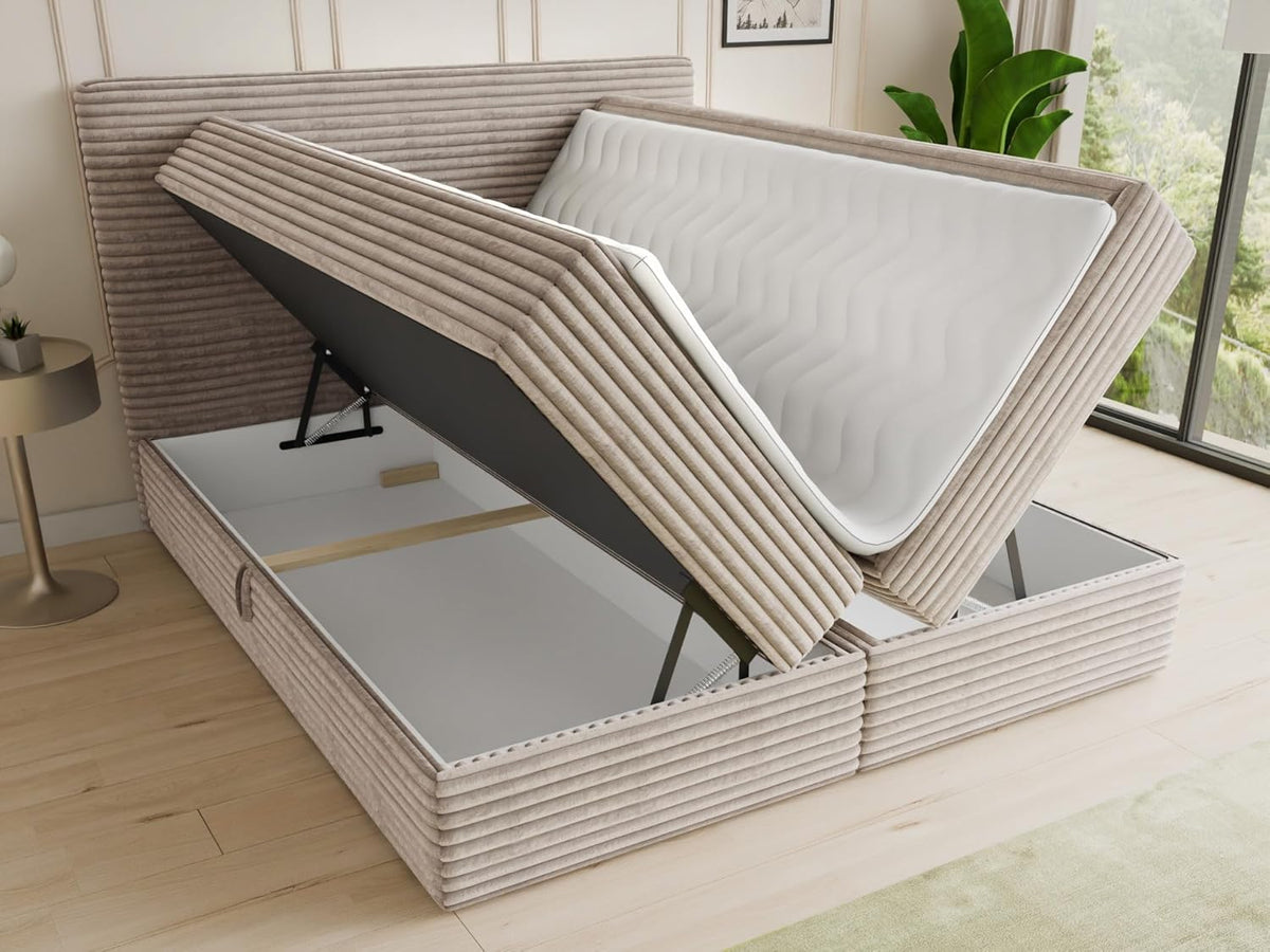 Cama boxspring Sofnet Mollo con 2 cajones, cama doble con colchón Bonell y topper, cama tapizada en suave tela de pana, cama, estructura de cama para dormitorio (beige (Tilia 03), 140 x 200 cm)
