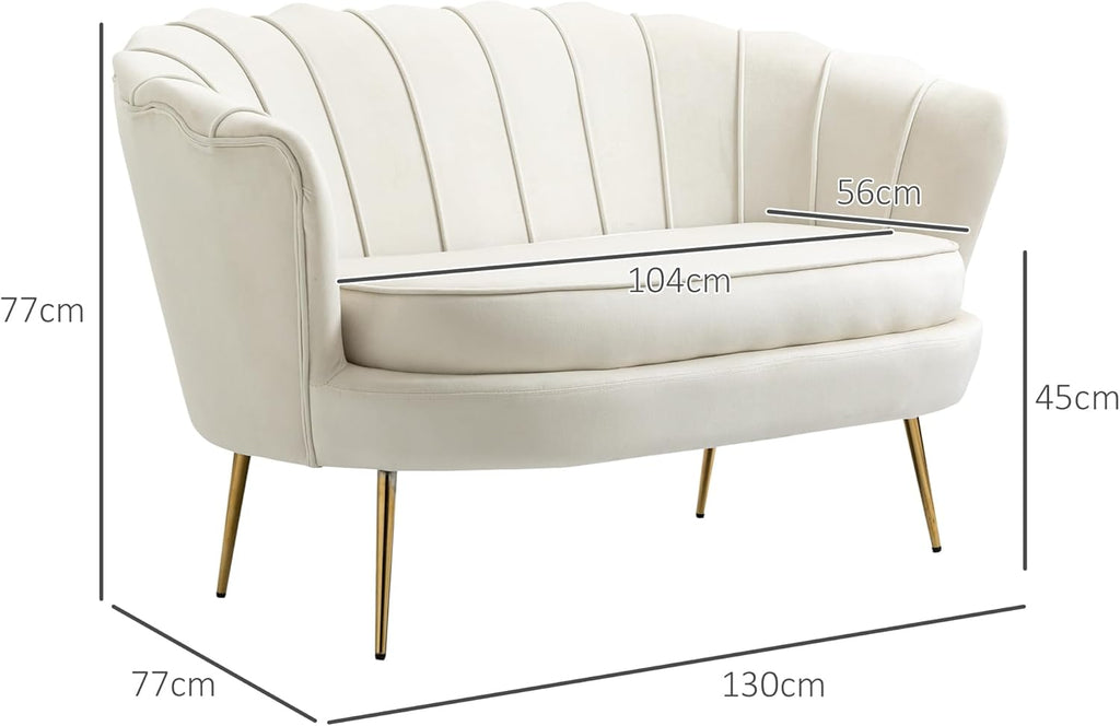 Sofá de 2 plazas HOMCOM con reposabrazos, respaldo en forma de pétalo, acolchado grueso, sofá tapizado moderno con aspecto de terciopelo y patas de metal para salón, 130 x 77 x 77 cm, blanco crema