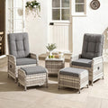 Set de muebles de jardín de ratán de 5 piezas, conjunto de conversación para patio con 2 sillas, 2 taburetes y 1 mesa, respaldos ajustables y cojines suaves, para terrazas, jardines y patios, gris