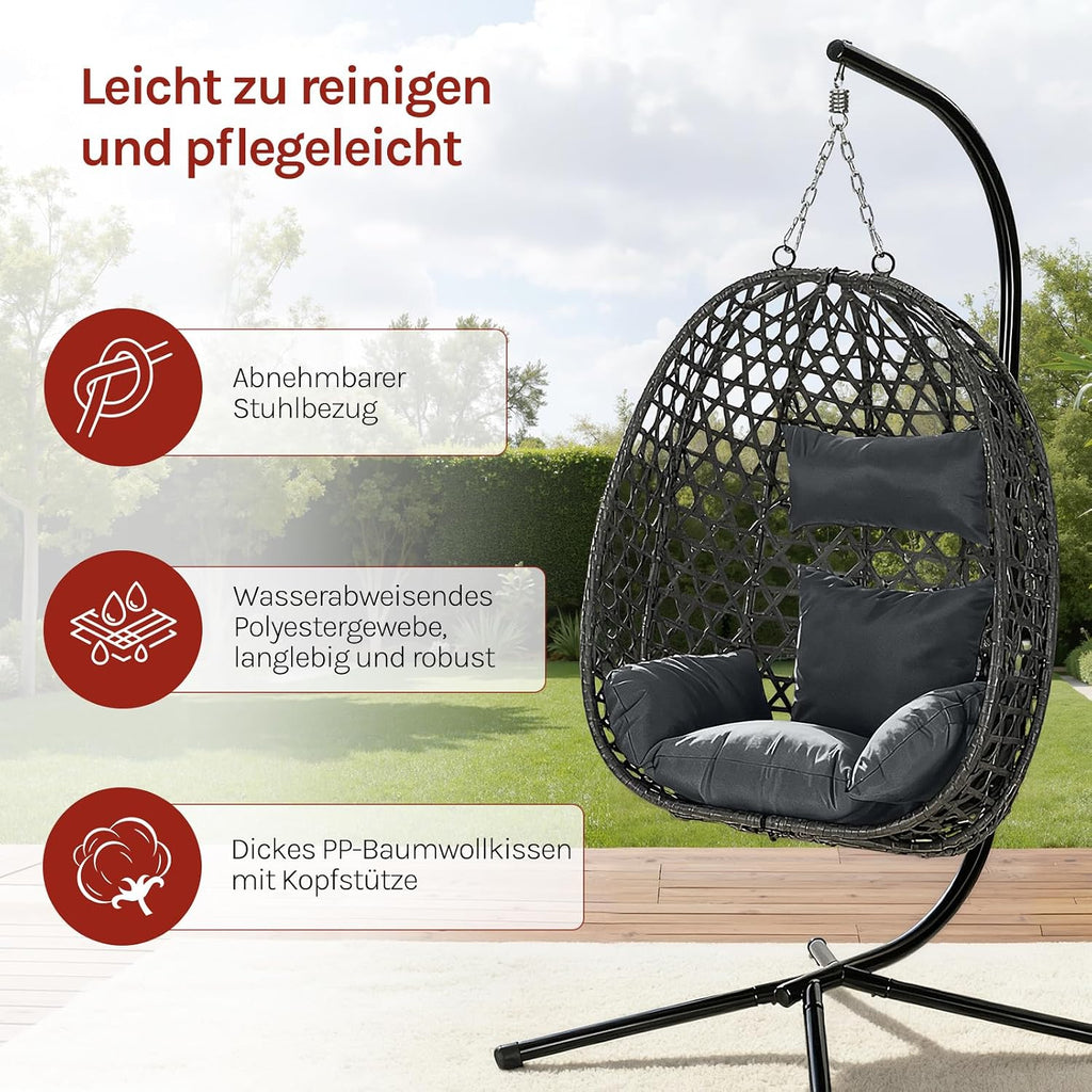 Silla colgante WOLTU con soporte, carga hasta 150 kg, silla colgante de ratán PE, con cojín de asiento y reposacabezas, para interior y exterior, gris