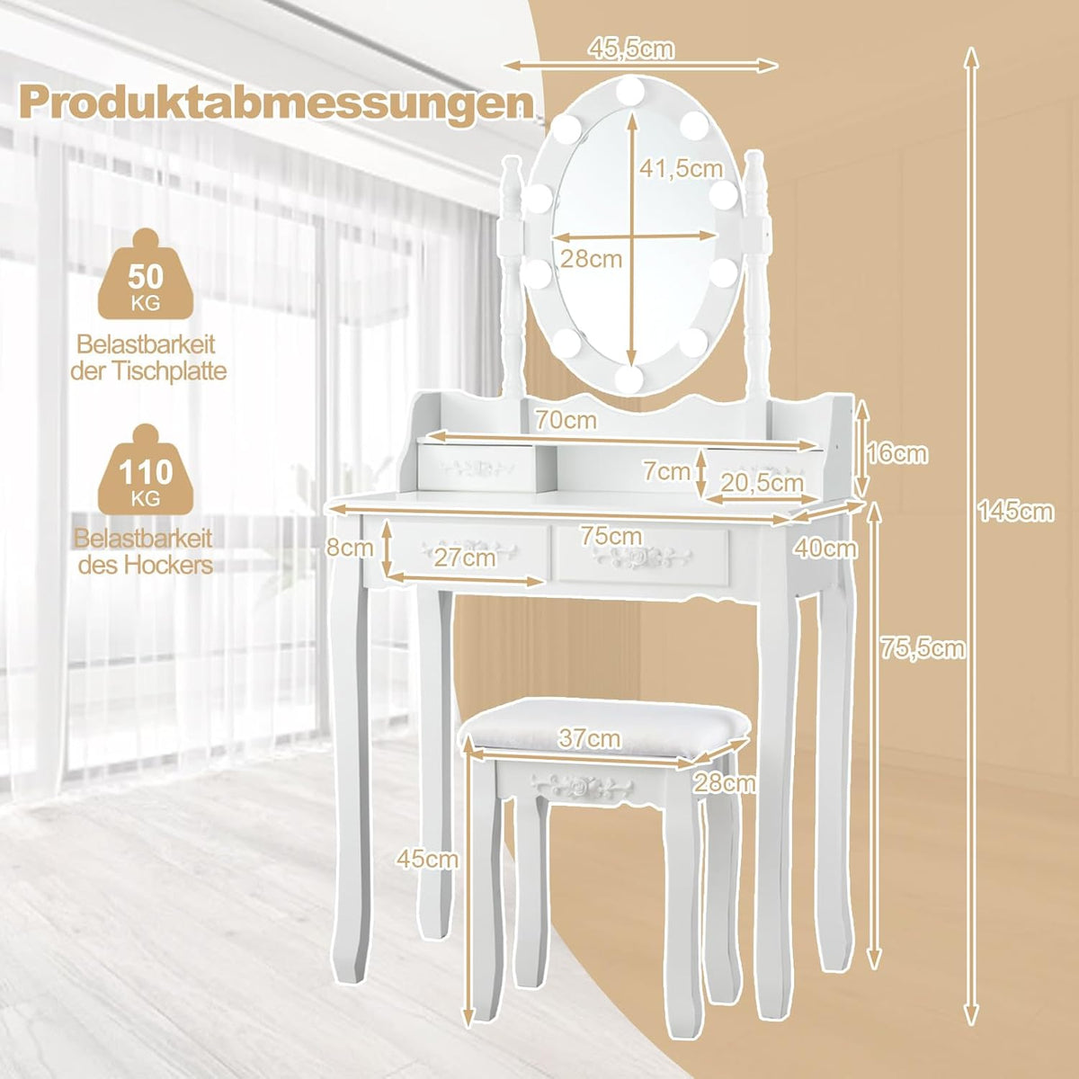 Tocador COSTWAY con iluminación LED, brillo  ajustable, mesa de maquillaje con 4 cajones, taburete y espejo giratorio de 360°, mesa de cosméticos para dormitorio (blanco)