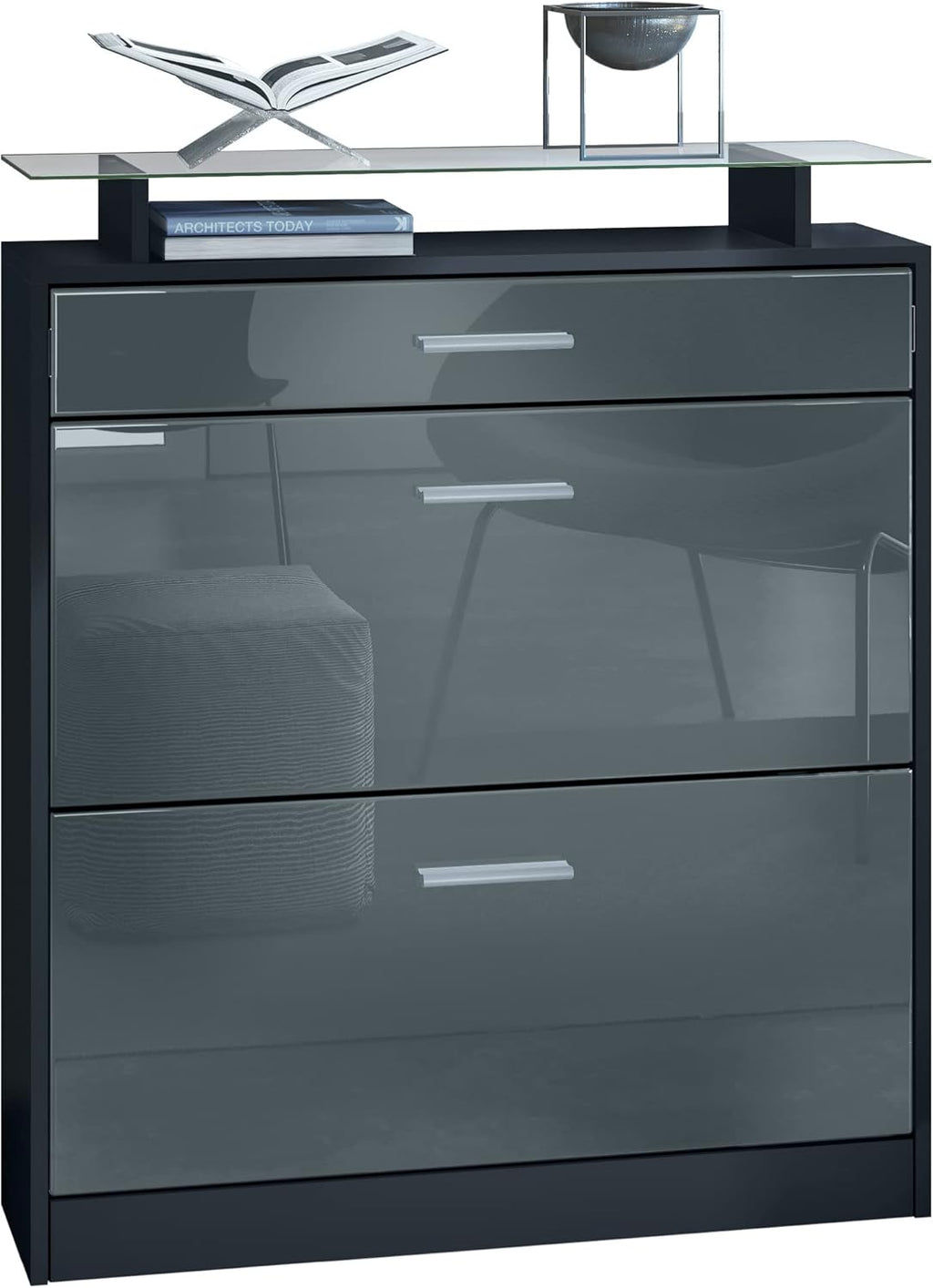 Zapatero Vladon Loret, mueble basculante para 16 pares de zapatos con 2 puertas abatibles, 1 cajón y estante de cristal, negro mate/gris alto brillo (89 x 104 x 23 cm)