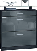 Zapatero Vladon Loret, mueble basculante para 16 pares de zapatos con 2 puertas abatibles, 1 cajón y estante de cristal, negro mate/gris alto brillo (89 x 104 x 23 cm)