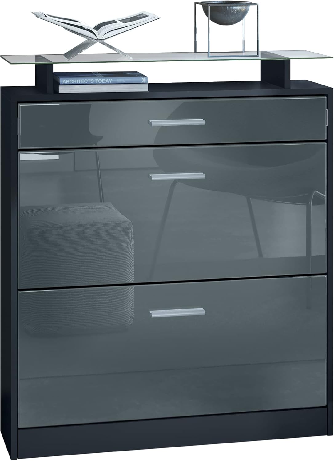 Zapatero Vladon Loret, mueble basculante para 16 pares de zapatos con 2 puertas abatibles, 1 cajón y estante de cristal, negro mate/gris alto brillo (89 x 104 x 23 cm)