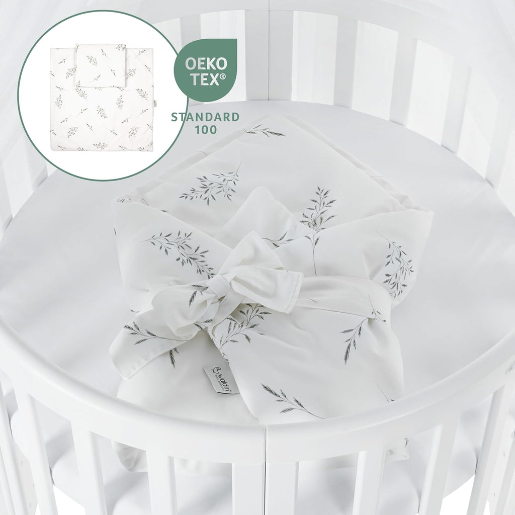 Cuna ovalada evolutiva Waldin, set completo 7 en 1, cuna de barrotes, cama infantil con colchón, cambiador, cuna colecho, madera blanca