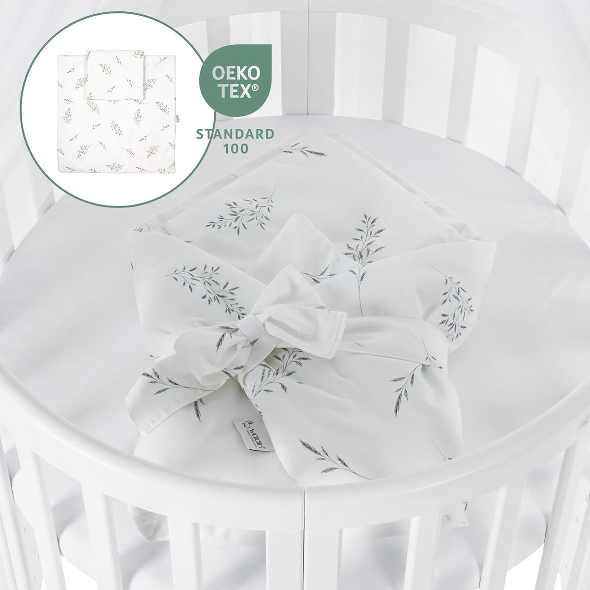 Cuna ovalada evolutiva Waldin, set completo 7 en 1, cuna de barrotes, cama infantil con colchón, cambiador, cuna colecho, madera blanca