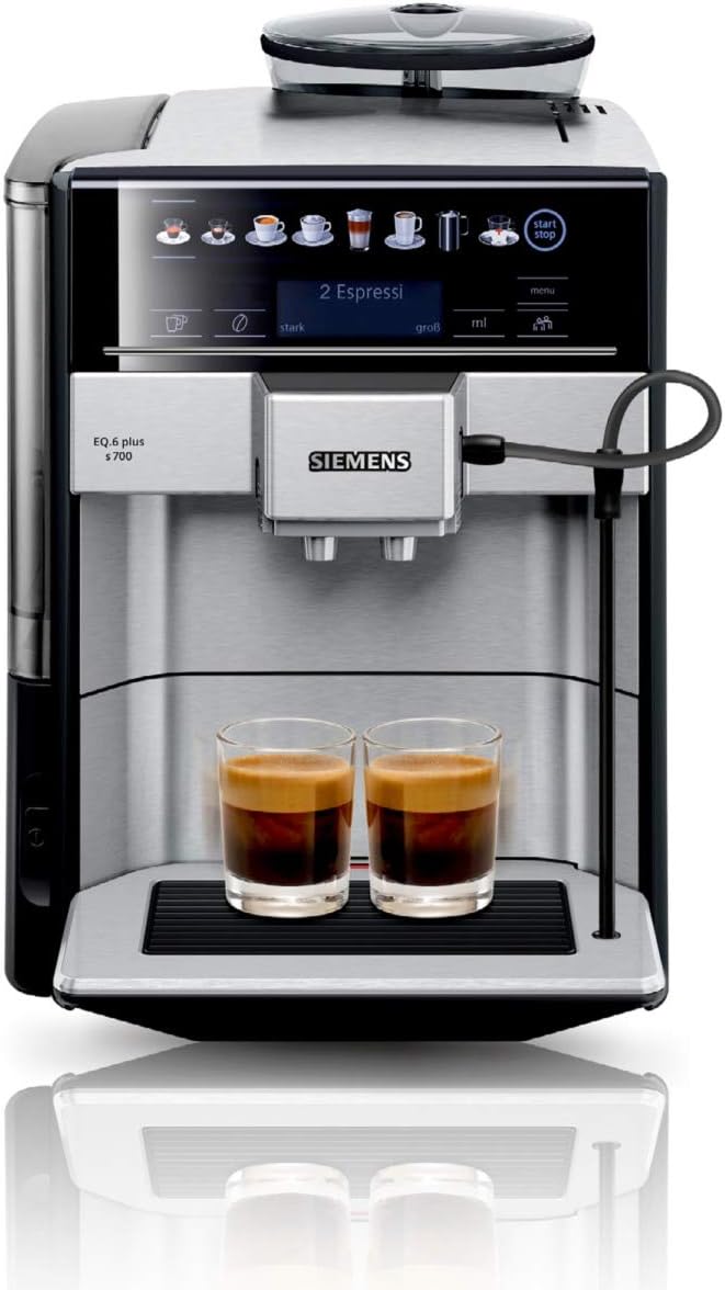 Cafetera superautomática SIEMENS EQ6 plus s700 TE657503DE, para una gran variedad de especialidades de café, boquilla para espuma de leche, molinillo de cerámica, función de doble taza, antical, limpieza automática por vapor, 1500 W, acero inoxidable