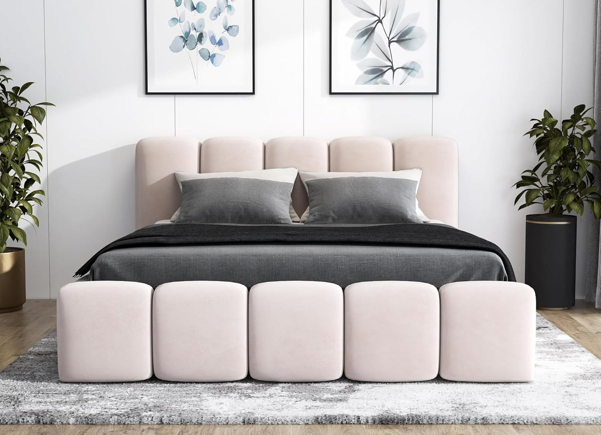 Cama tapizada A&J MöbelLand 140x200 con arcón y somier – Sonic, cama con colchón y almacenamiento en beige