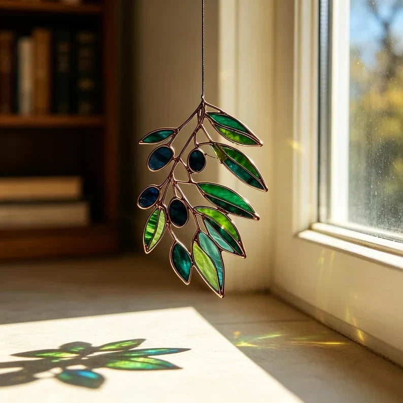 Atrapasueños de vidrieras, rama de olivo, hoja verde, colgante de ventana, decoración botánica