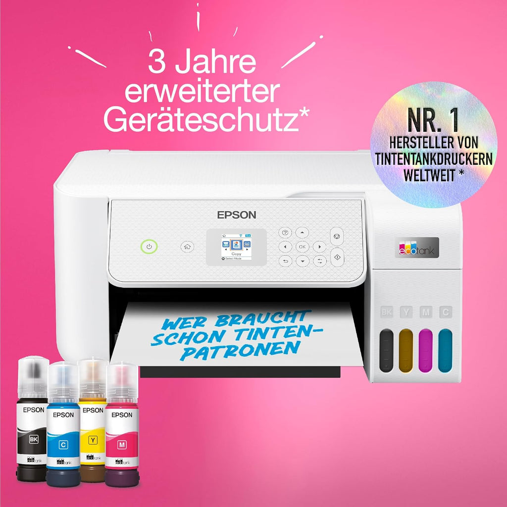 Impresora de depósitos de tinta EcoTank ET-2876 para hogares ajetreados, Wi-Fi, impresión, copia y escaneado en A4, pantalla LCD de 3,7 cm, incluye tinta para hasta 3 años