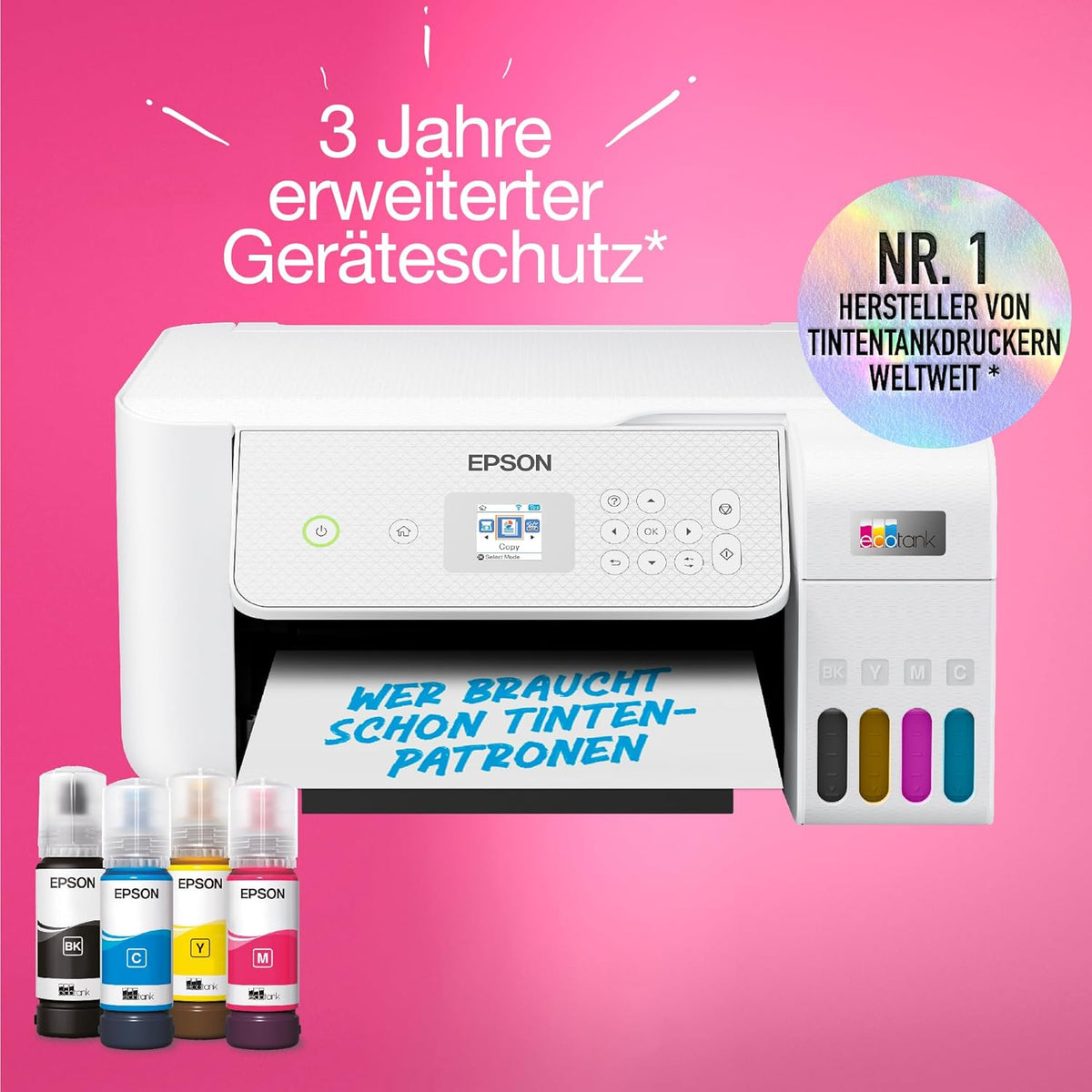 Impresora de depósitos de tinta EcoTank ET-2876 para hogares ajetreados, Wi-Fi, impresión, copia y escaneado en A4, pantalla LCD de 3,7 cm, incluye tinta para hasta 3 años