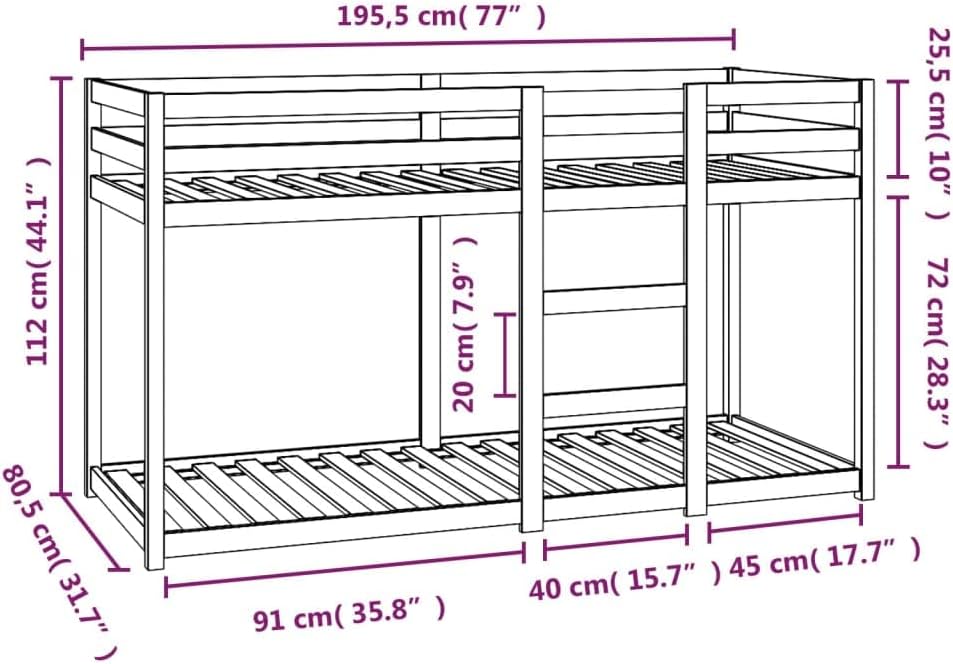 Cama litera Hommdiy para espacios reducidos, cama alta con barandillas, estructura de cama, 75x190 cm, madera maciza de pino