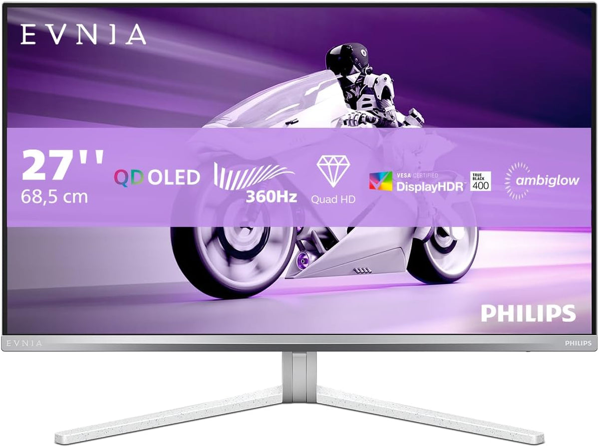 Philips Evnia 27M2N8500 - Monitor gaming OLED QHD de 27 pulgadas, 360 Hz, 0,03 ms, HDR400, Ambiglow, FreeSync Prem., compatible con G-Sync. (2560x1440, 2X HDMI 2.1, 1x DP 1.4, hub USB) Blanco
