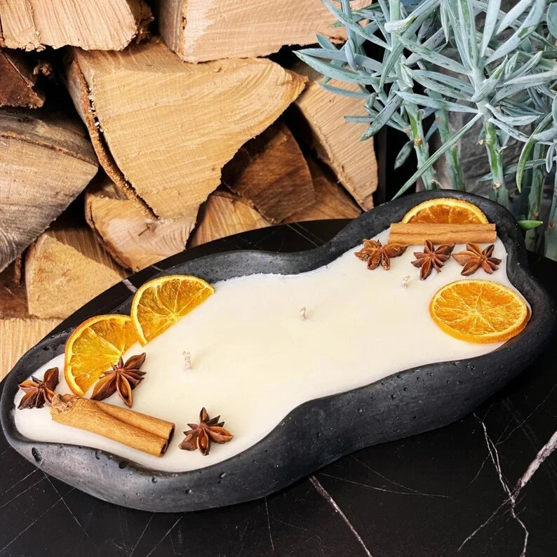 Vela de hormigón con cera de soja, aroma a toffee de vainilla, 3 mechas, 30 cm, naranja y canela