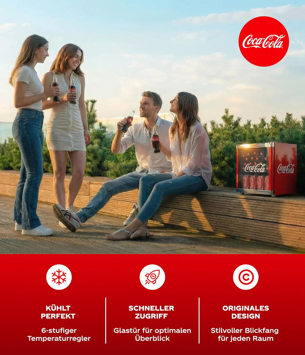 Mininevera Original Coca-Cola °CUBES roja 48L - Mininevera para bebidas con puerta de cristal, silenciosa y eficiente energéticamente - Para oficina, fiestas y gaming - Nevera para botellas - Mininevera para bebidas