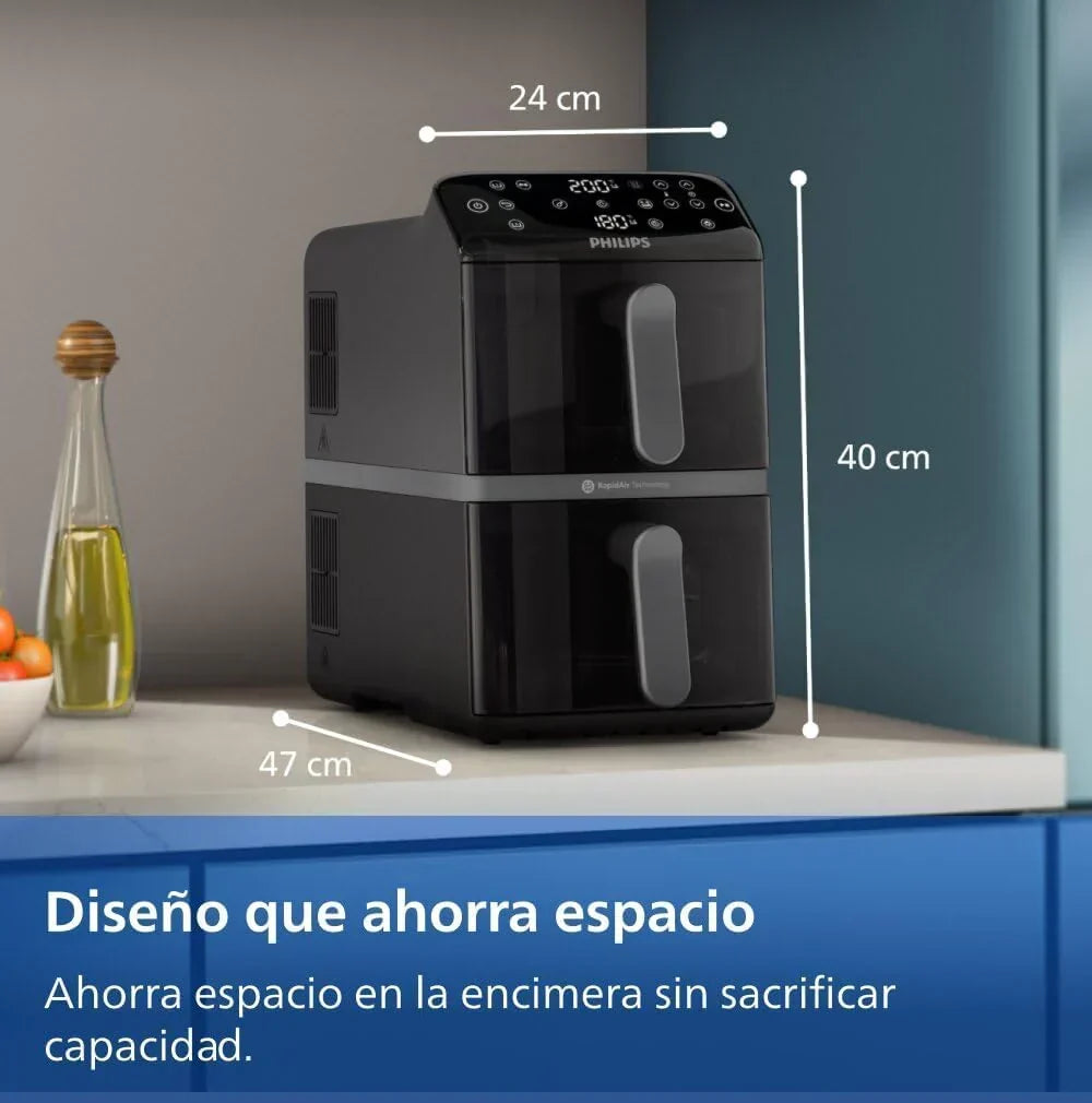Philips Airfryer Serie 4000 de Doble Cesta Vertical 10L – Tecnología RapidAir, Sync, 2 cestas a la vez, 45% menos de espacio, revestimiento cerámico sin PFAS, ventanas de visualización (NA460/00)