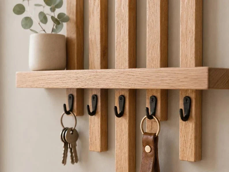 Estante de pared de roble macizo con ganchos negros, llavero para entrada, 35x30x9 cm, lacado mate