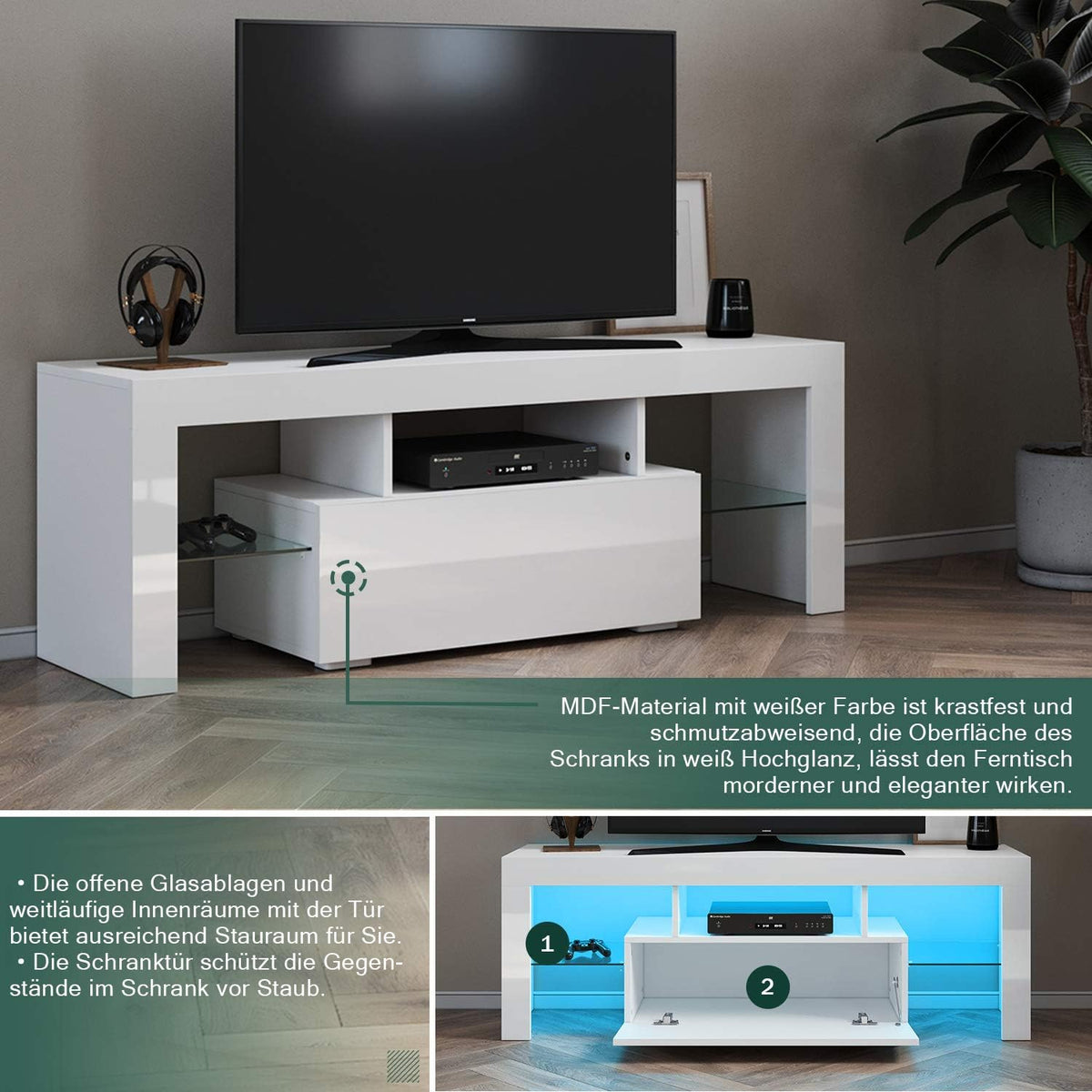 Mueble de TV moderno SONNI de 180 cm, mueble bajo en blanco brillante con iluminación LED de 16 colores, cajón, estantes de cristal abiertos, mesa de TV para televisores de hasta 65 pulgadas para salón y dormitorio, 180x35x45 cm.
