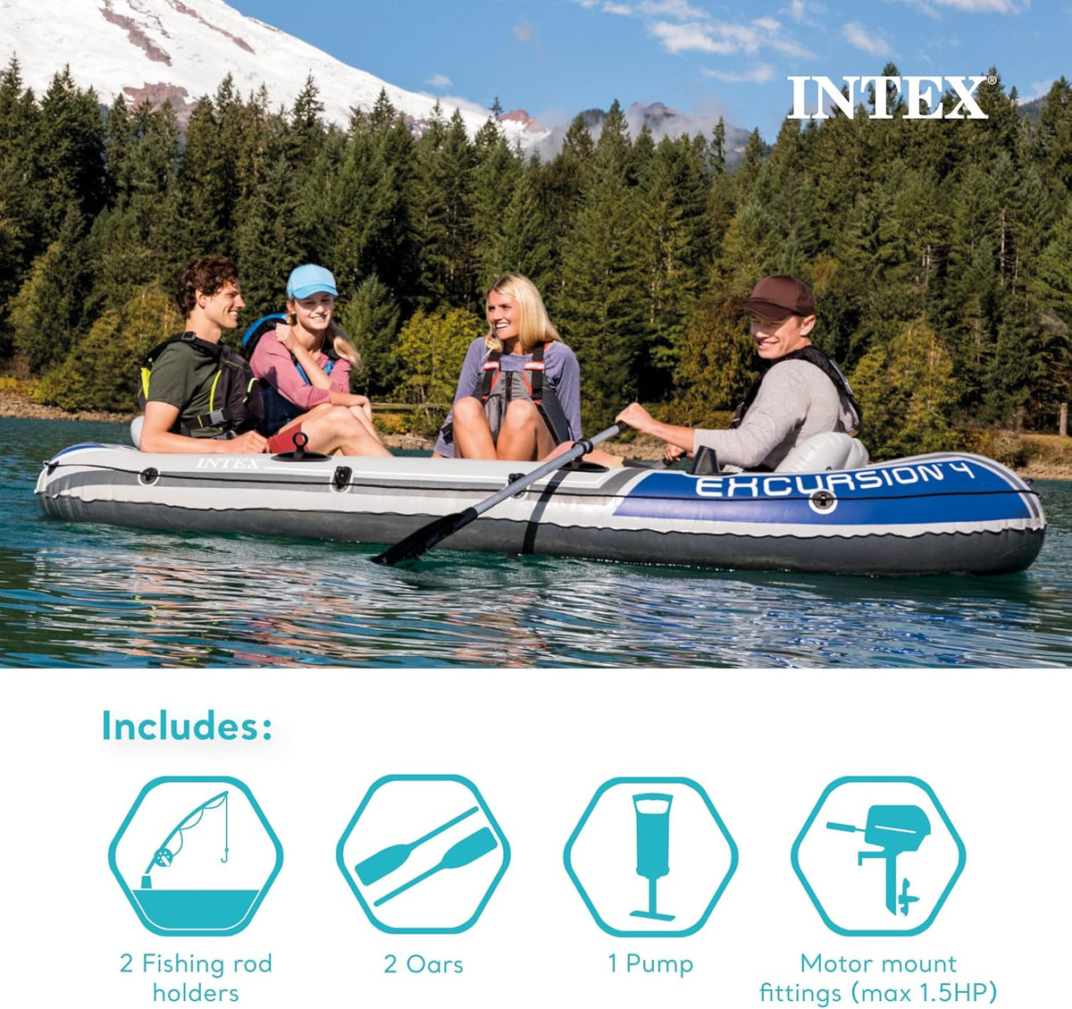 Bote inflable Intex Excursion 4 para 4 personas con remos de aluminio y bomba de aire de alto rendimiento