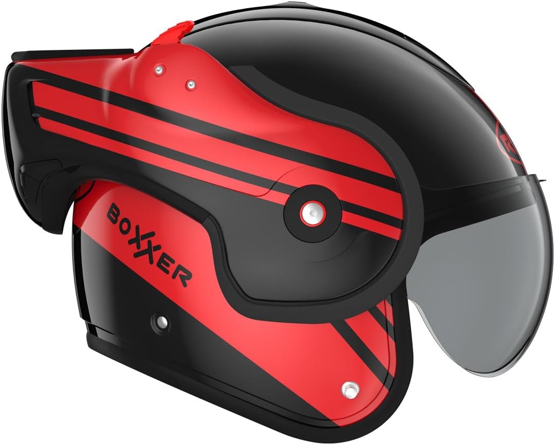 Casco ROOF Boxxer con doble homologación Jet/Integral - Color Sting Negro Rojo - Casco de gama alta en fibra de vidrio - Apertura secuencial con una mano - Oferta directa de fábrica - Garantía de 4 años