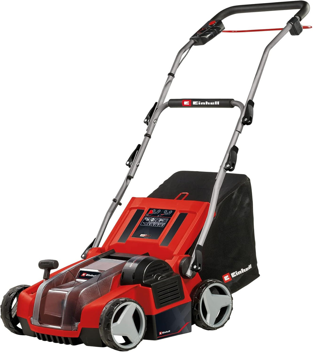Escarificador y aireador inalámbrico Einhell GE-SA 36/35 Li Power X-Change (36 V, sin escobillas, rodillo de cuchillas de 35 cm, bolsa de recogida de 28 l, profundidad de trabajo ajustable, incl. 2 baterías de 4,0 Ah y cargador doble)