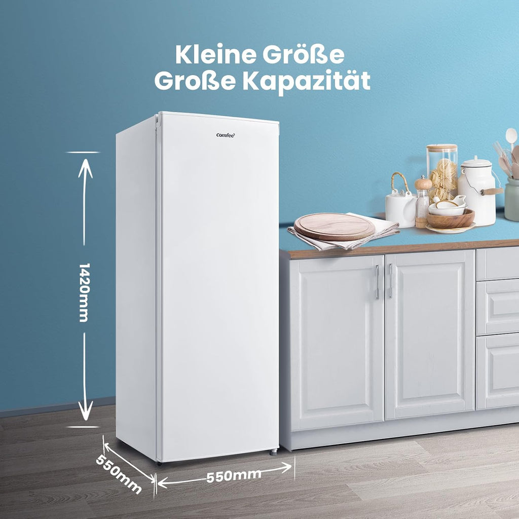 Comfee RCU160WH2(E) Congelador vertical/142 cm de alto/160 L de capacidad/183 kWh/año/Sentido de apertura de puerta reversible/Compresor GMCC de alta calidad/Control de temperatura/Patas ajustables/Blanco