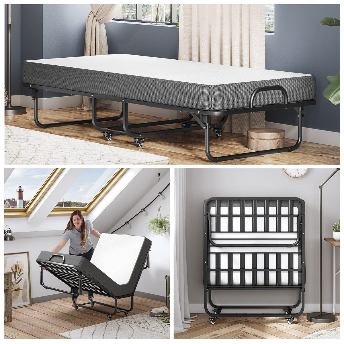 Cama plegable DICTAC 90x200cm para adultos con colchón de espuma viscoelástica de 13cm, estructura metálica plegable con ruedas, capacidad de carga de 200kg