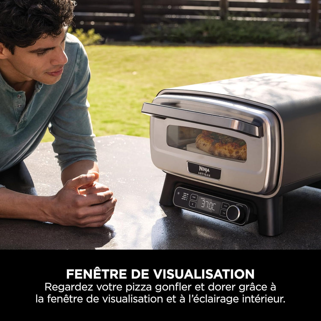 Ninja Woodfire Horno para pizza y freidora de aire eléctrica para exteriores, con 4 funciones: Pizza, Freír sin aceite, Hornear, Fermentar, Incluye piedra, pala, bandeja, cesta para freír, Gris MO201EU
