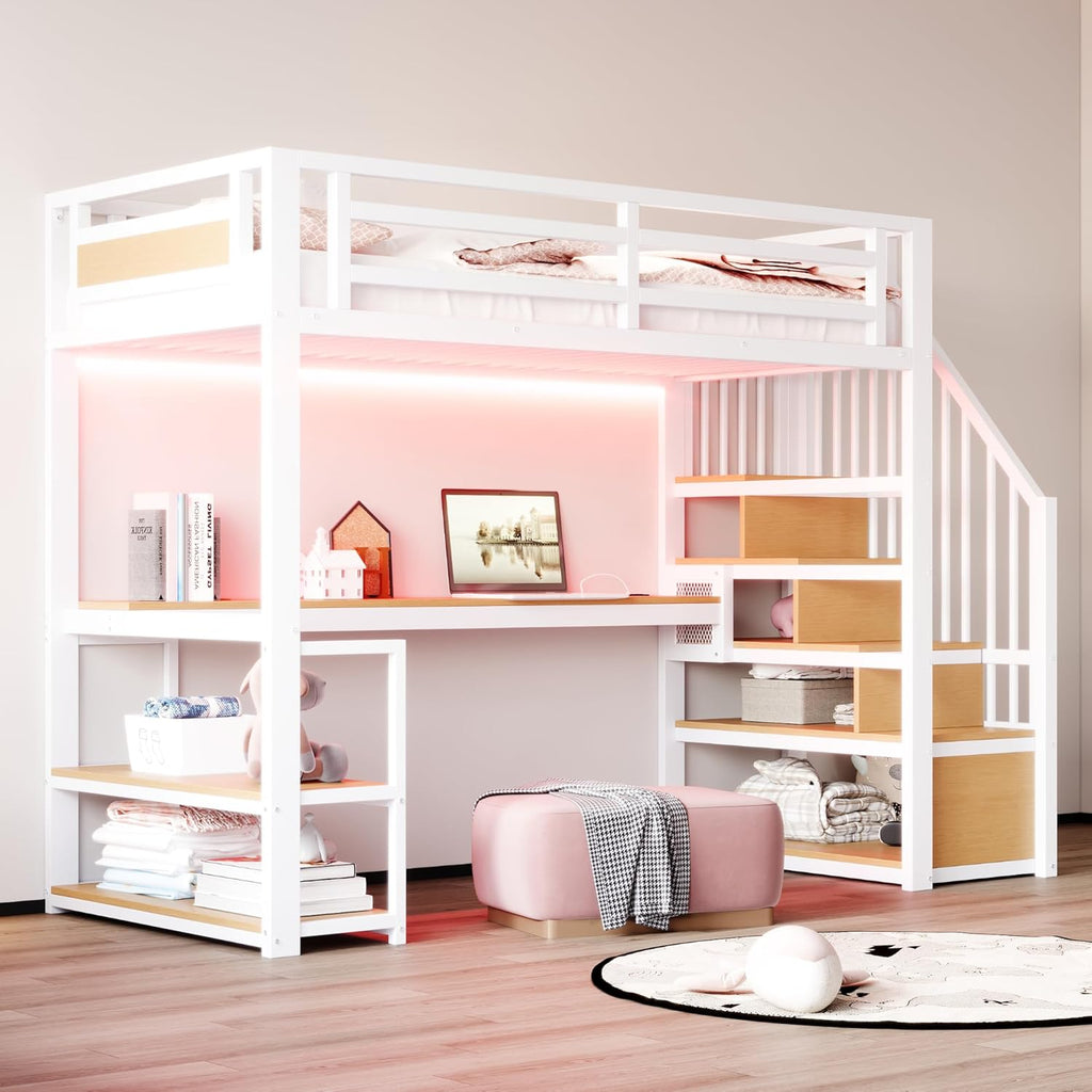 Cama alta de metal Kebnor con escalera de almacenamiento con estantes y mesa, diseño de valla de seguridad con tablones de metal empalmados, cama con estructura de hierro alta con marco de metal para mayor estabilidad (Blanco 90 * 200 cm)