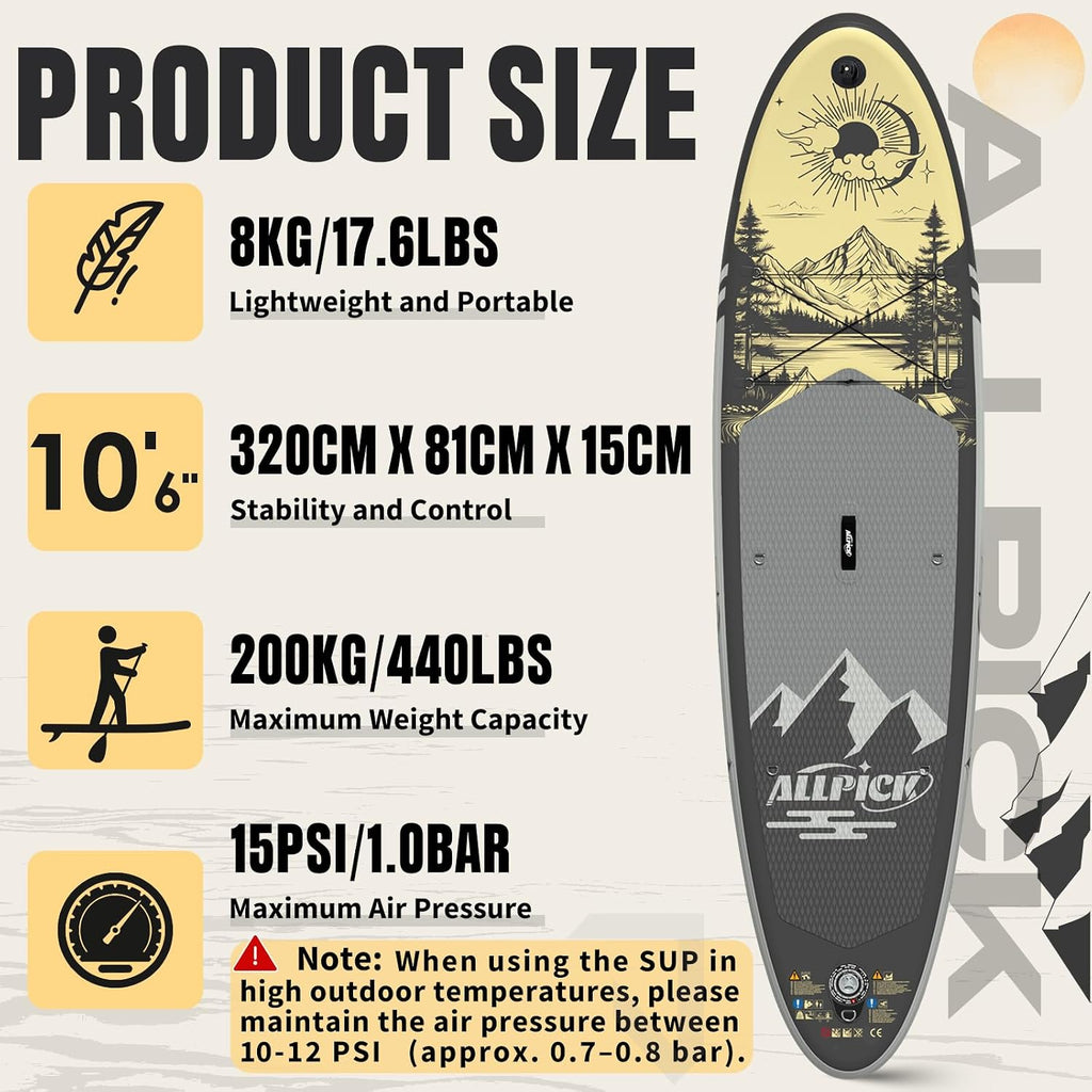 Set de tabla de SUP premium ALLPICK, tabla de paddle surf inflable, con soporte universal para cámara, accesorios completos, remo ajustable, principiantes, avanzados, 200 kg