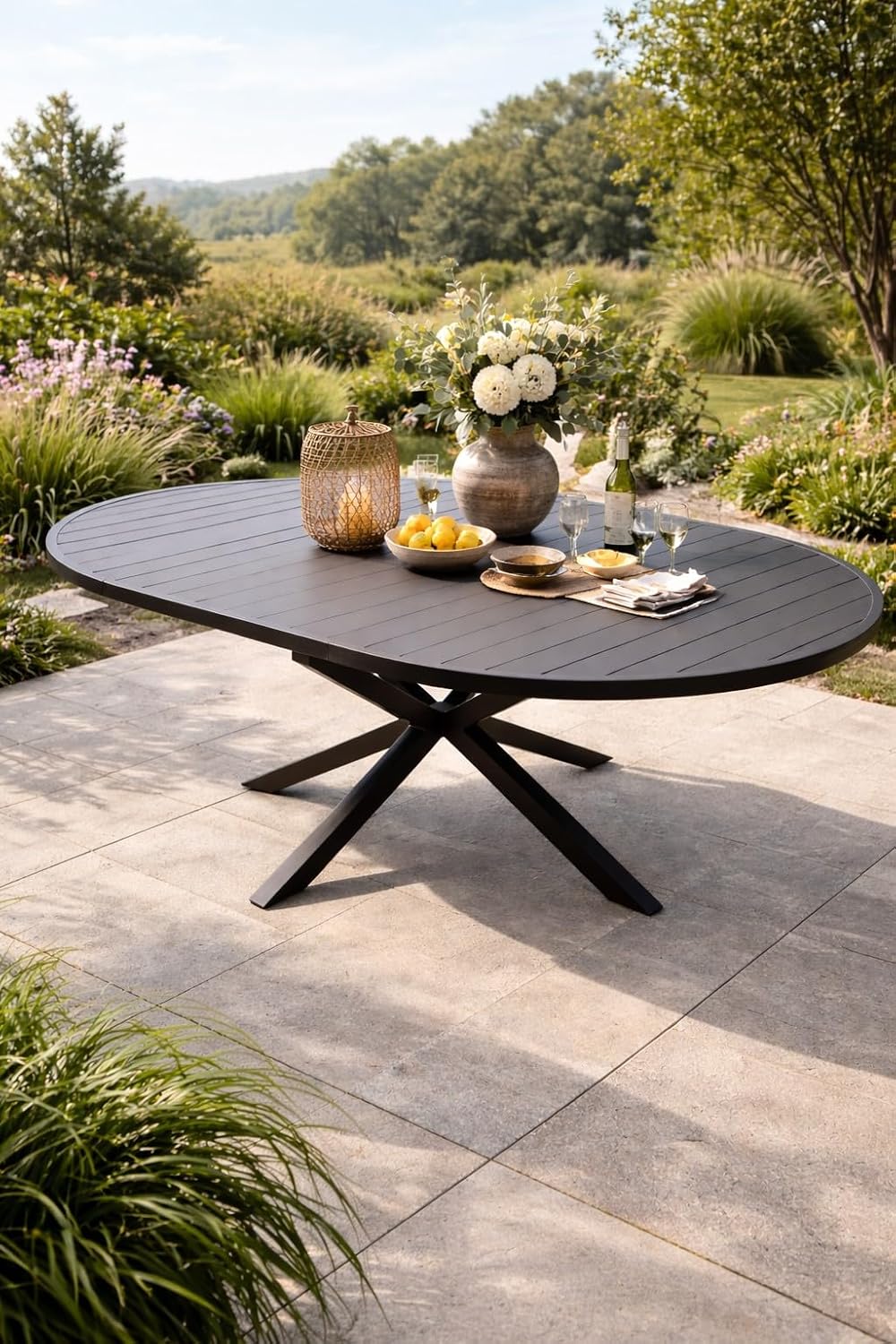 Mesa de jardín extensible DEGAMO Arles, redonda de 140 cm, extensible a ovalada de 200 cm, aluminio antracita, para exterior, resistente a la intemperie