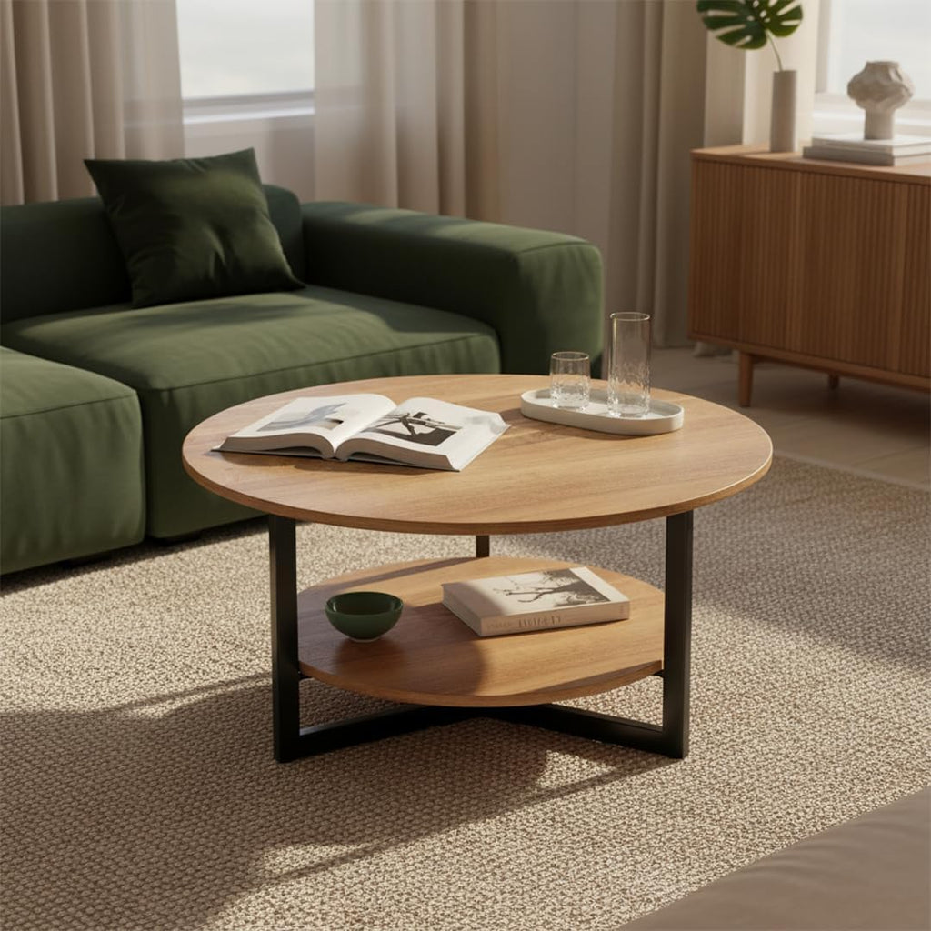 Mesa de centro redonda skølm Drakkar Ø70 cm – Mesa de salón de madera maciza de roble y estructura de metal – Mesa de sofá con 2 estantes – Mesa auxiliar pequeña aceitada – Mesa de madera para salón con espacio de almacenamiento – Mesa de centro
