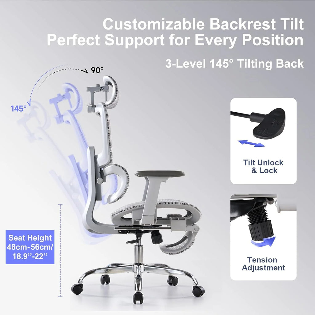 LarkLeaves Ergonomiczny Fotel Biurowy z Podnóżkiem Szary L10 Lite