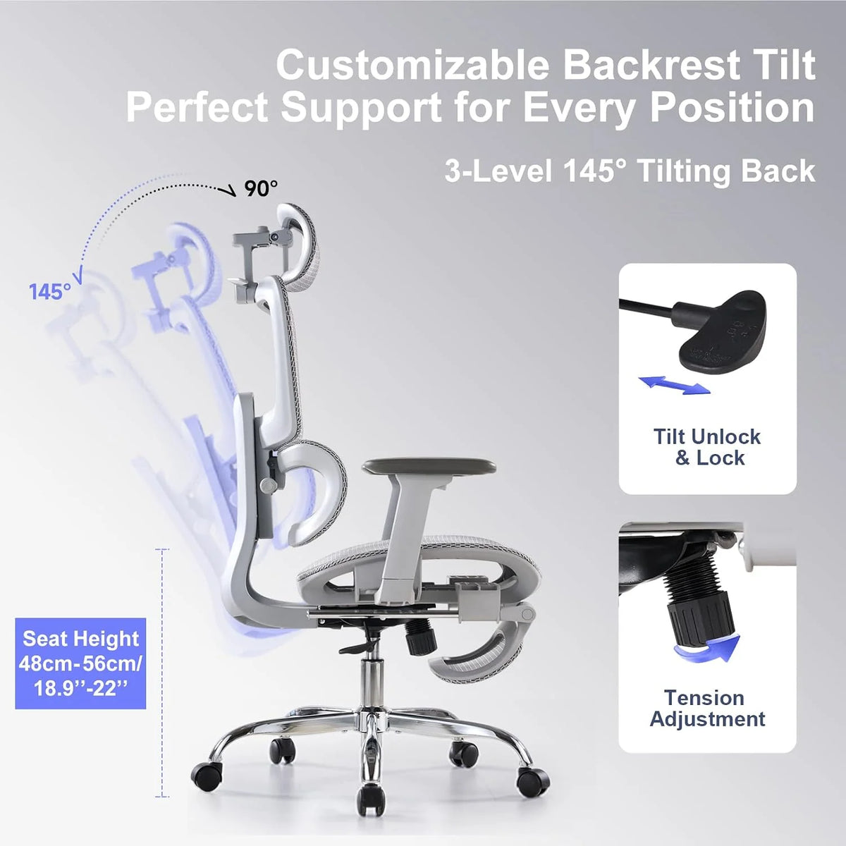 LarkLeaves Ergonomiczny Fotel Biurowy z Podnóżkiem Szary L10 Lite