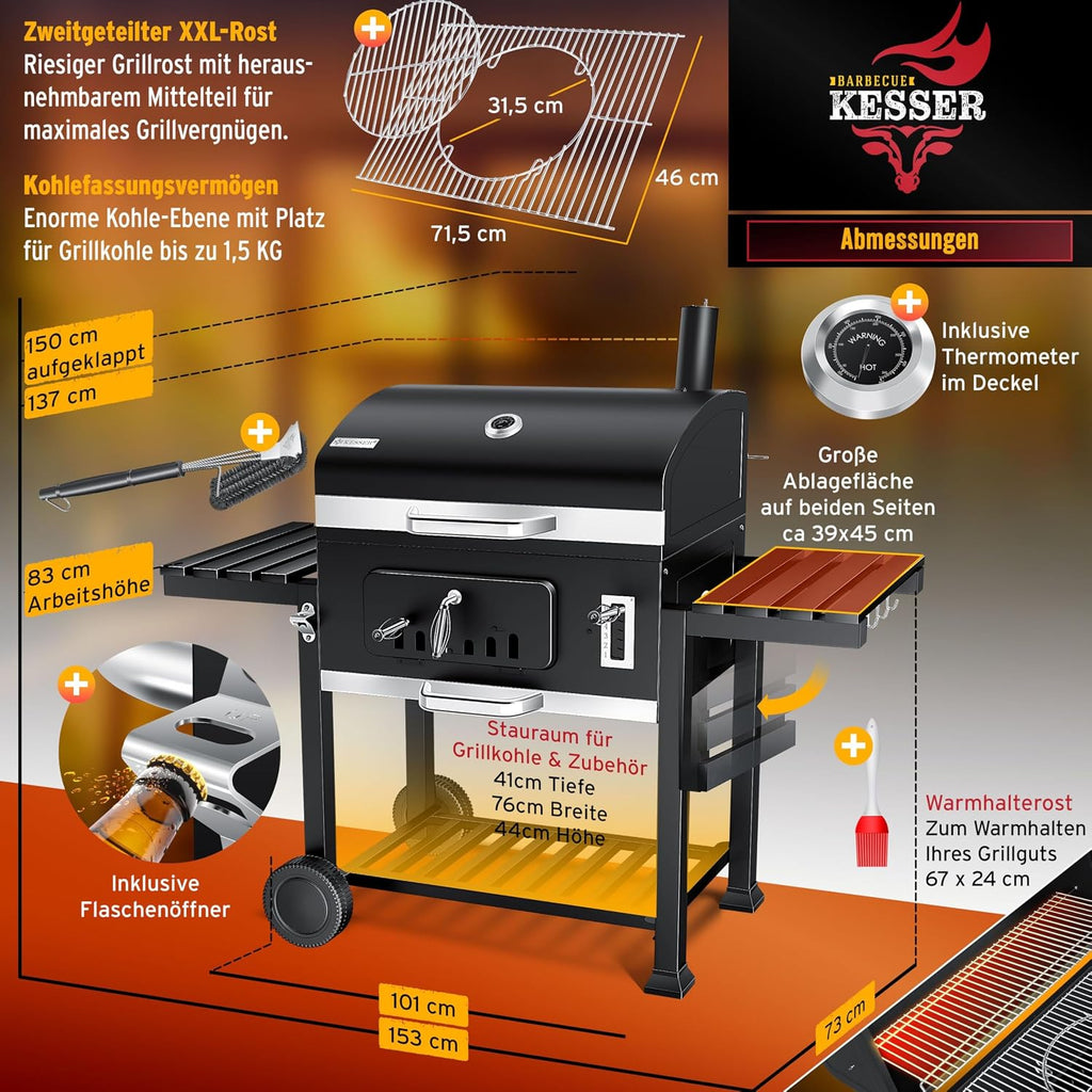 KESSER® Barbacoa de carbón XXL, carro de barbacoa con tapa y termómetro – gran carro de barbacoa de carbón, ahumador con chimenea y ventilación, con rejilla de cocción, rejilla de calentamiento y estante, incluye funda, cepillo y brocha