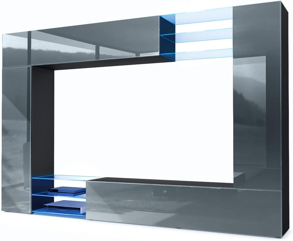 Mueble de salón Vladon Mirage, fabricado en Alemania, mueble mural con panel trasero con 2 puertas, 2 puertas abatibles y 6 estantes de cristal abiertos, negro mate/gris brillante, incluye iluminación LED (262 x 183 x 39 cm)