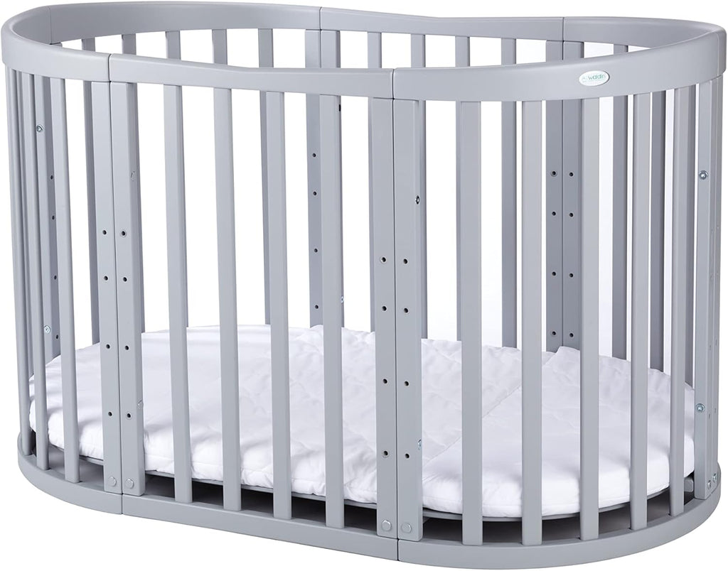 Cuna ovalada evolutiva Waldin, set completo 7 en 1, cuna de barrotes, cama infantil con colchón, cambiador, cuna colecho, madera blanca