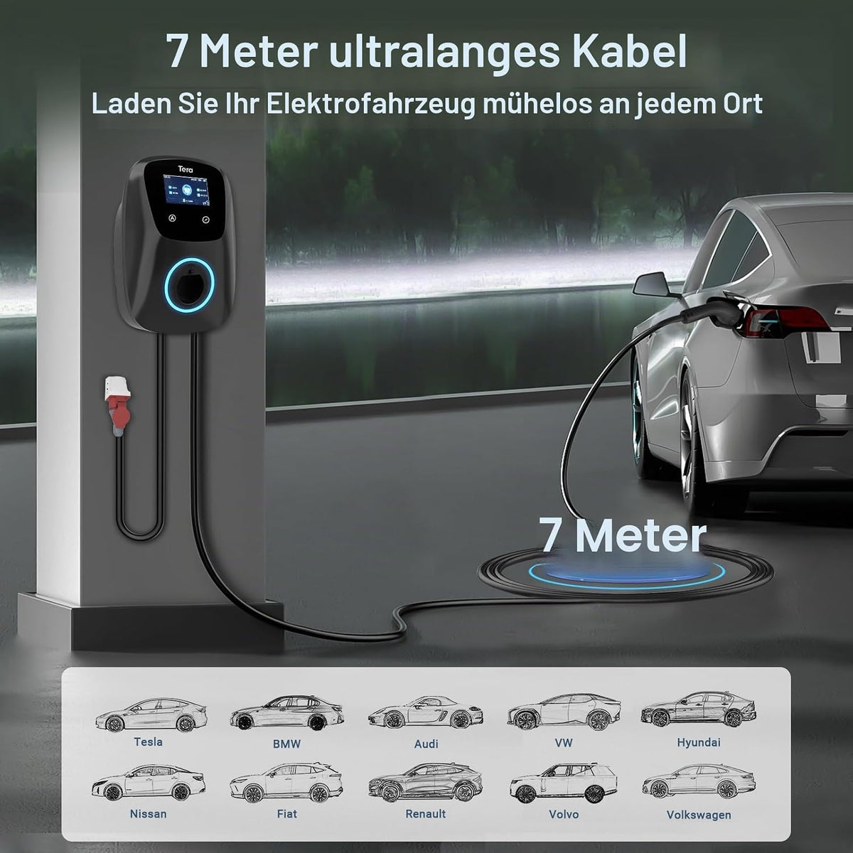 Tera EV Ladegerät Smart APP mit 32A Typ 2 22kW oder 11kW Heim Ladestation 400V CE & TÜV Wallbox 7m Ladekabel mit Ladegerätehalter App-Steuerung CEE 3-Phasen Stecker für Alle EVs und PHEVs W01 Schwarz