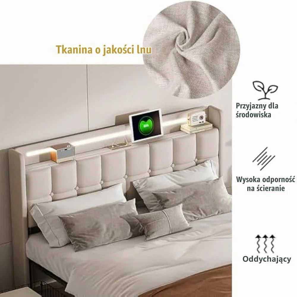 Ycz Łóżko tapicerowane, 180 x 200 cm, rama łóżka king size z funkcją ładowania zagłówkiem USB i oświetleniem LED oraz 4 szufladami, podwójna rama łóżka z możliwością przechowywania tWrV
