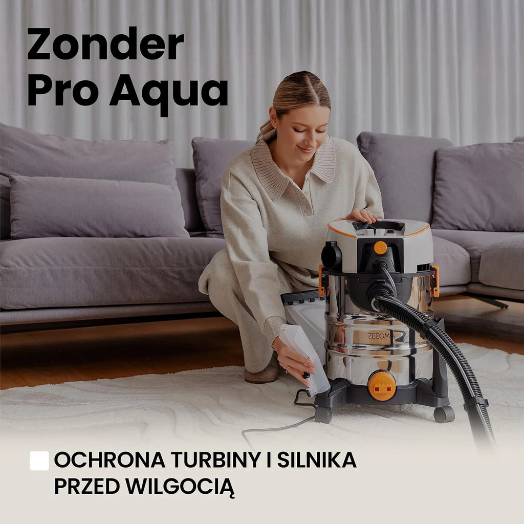 ZEEGMA ZONDER PRO AQUA Odkurzacz Piorący do Pracy na Mokro i Sucho 1400W, do Dywanów Samochodu Tapicerki Schodów, Zbiornik na Wodę Czystą 4 L, Zestaw Filtrów oraz Ssawek Piorących