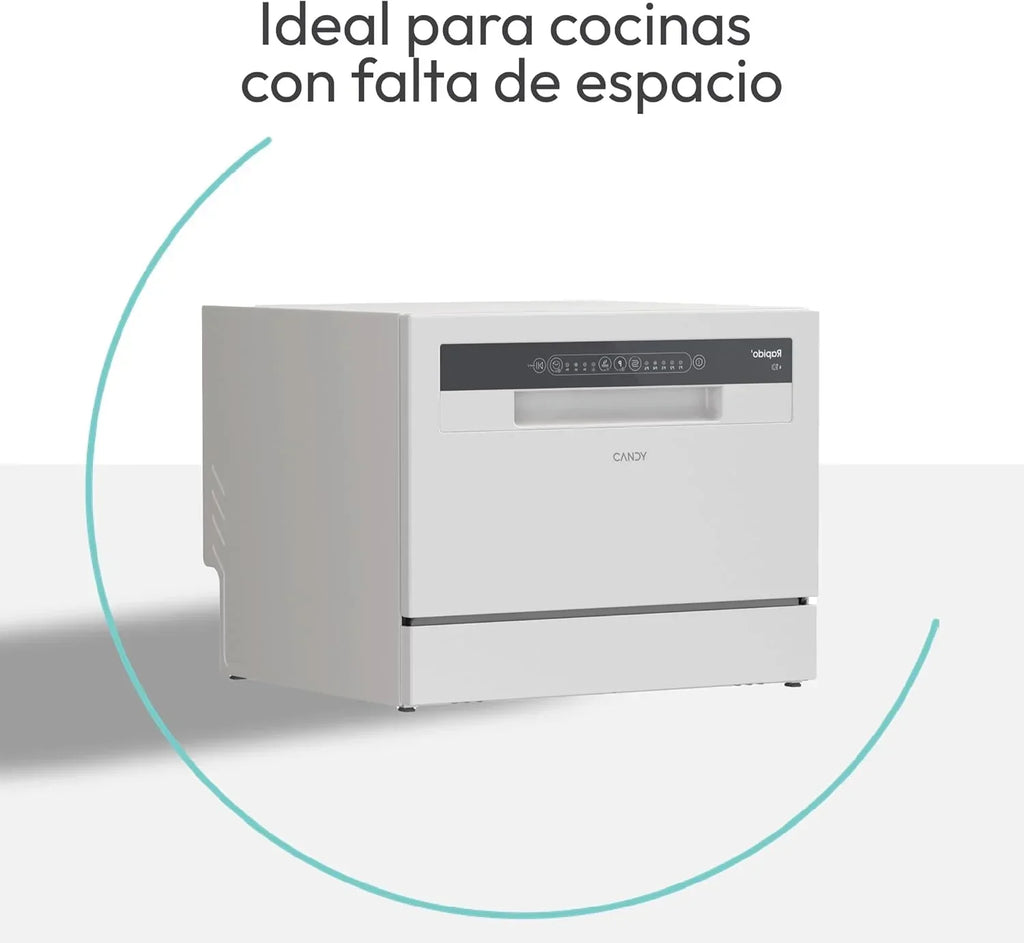 Candy CP 6E51LW Lavavajillas pequeño y compacto, 6 servicios, digital, 51 dBA, 5 ciclos, media carga, inicio diferido 3-6-9 horas, indicador de sal y abrillantador, indicador de fin de ciclo, blanco