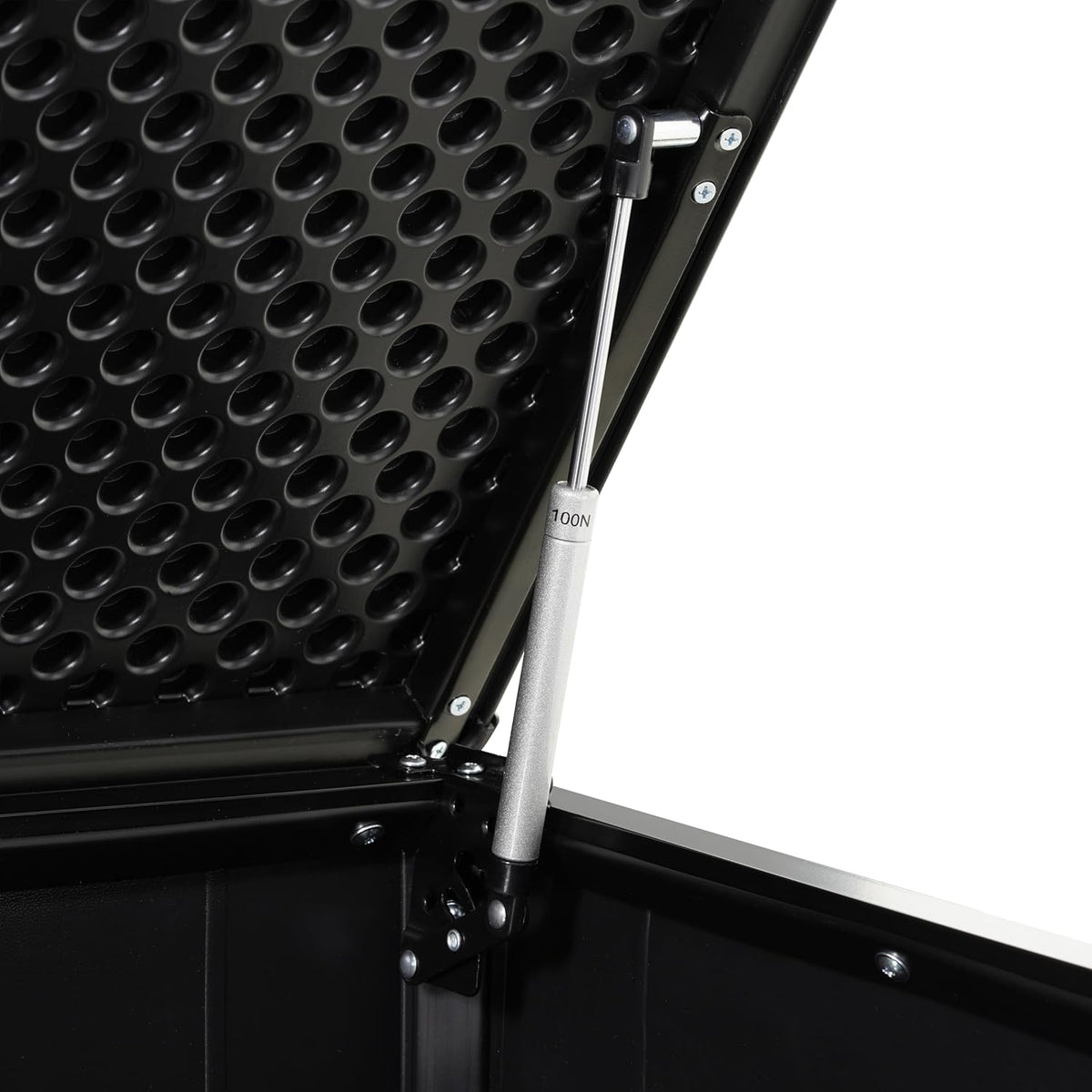 Caja para cubos de basura Koll Living Soraya de 775 litros, de plástico con aspecto de madera – bloqueable, resistente a la intemperie, resistente a los rayos UV, con amortiguadores de gas – Negro/Gris