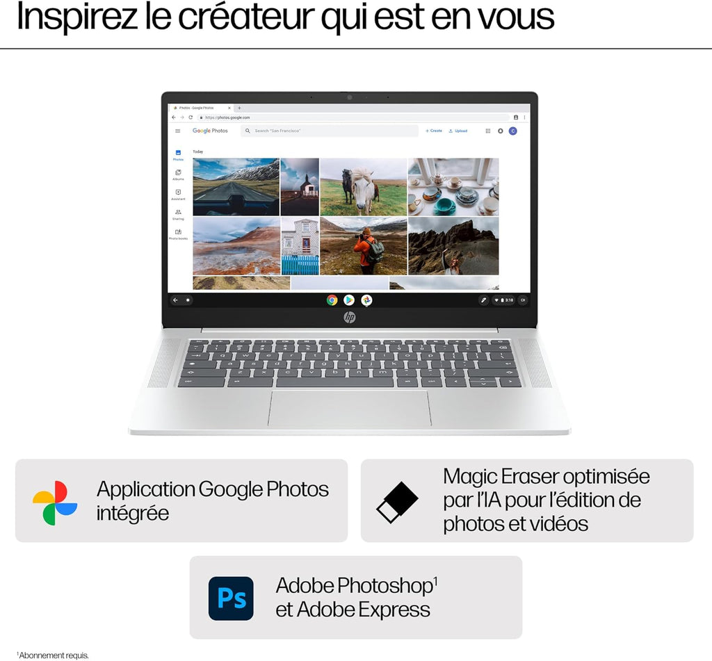 HP Chromebook 14a-nf0001sf Portátil 14" HD, PC Portátil (Intel Celeron N100, RAM 4 GB, Flash 128 GB, Intel Iris XE, Chrome OS), Ordenador Plateado, Teclado AZERTY