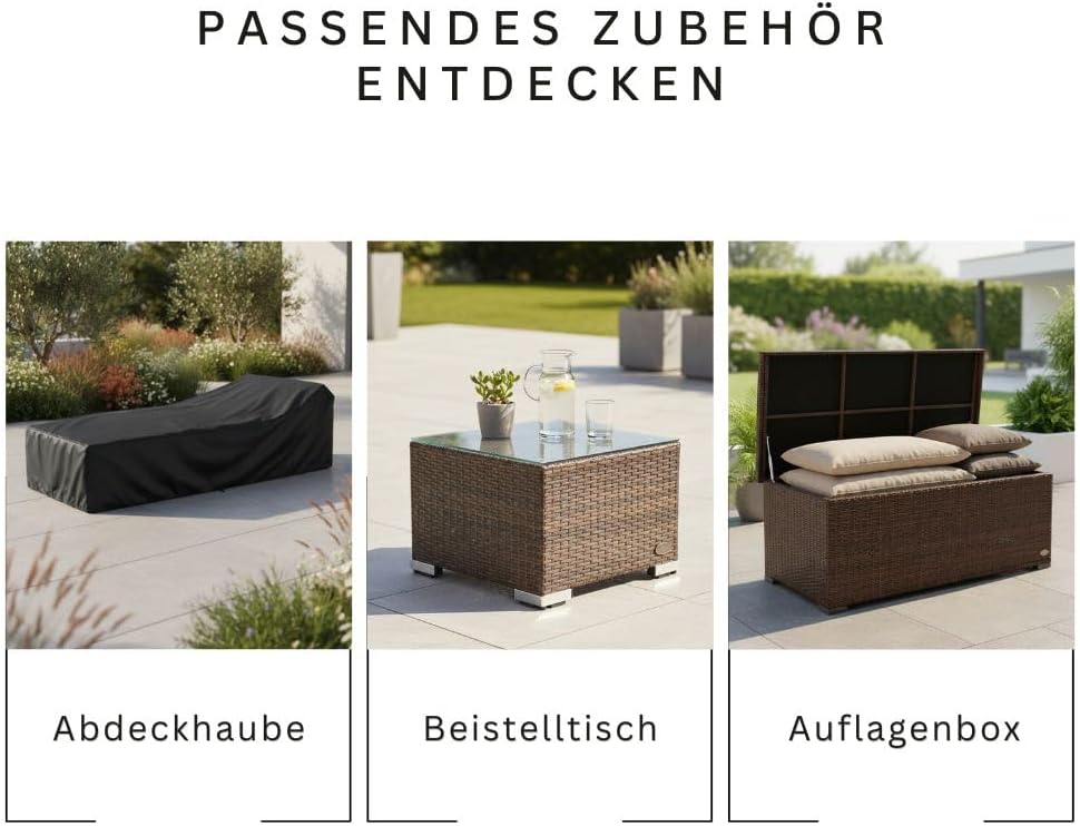 Tumbona de jardín RS Trade resistente a la intemperie de ratán sintético con ruedas – Tumbona de exterior de ratán con respaldo ajustable en varias posiciones para jardín, terraza, balcón y piscina, marrón con cojín gris