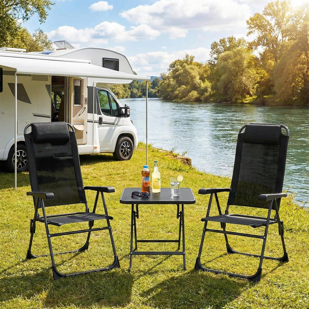 LIFERUN Juego de 4 sillas de jardín, sillas plegables, sillas de camping con reposacabezas, con 5 respaldos ajustables, sillas de balcón con respaldo alto, sillas de exterior para jardín, terraza, camping, negro, 4 piezas